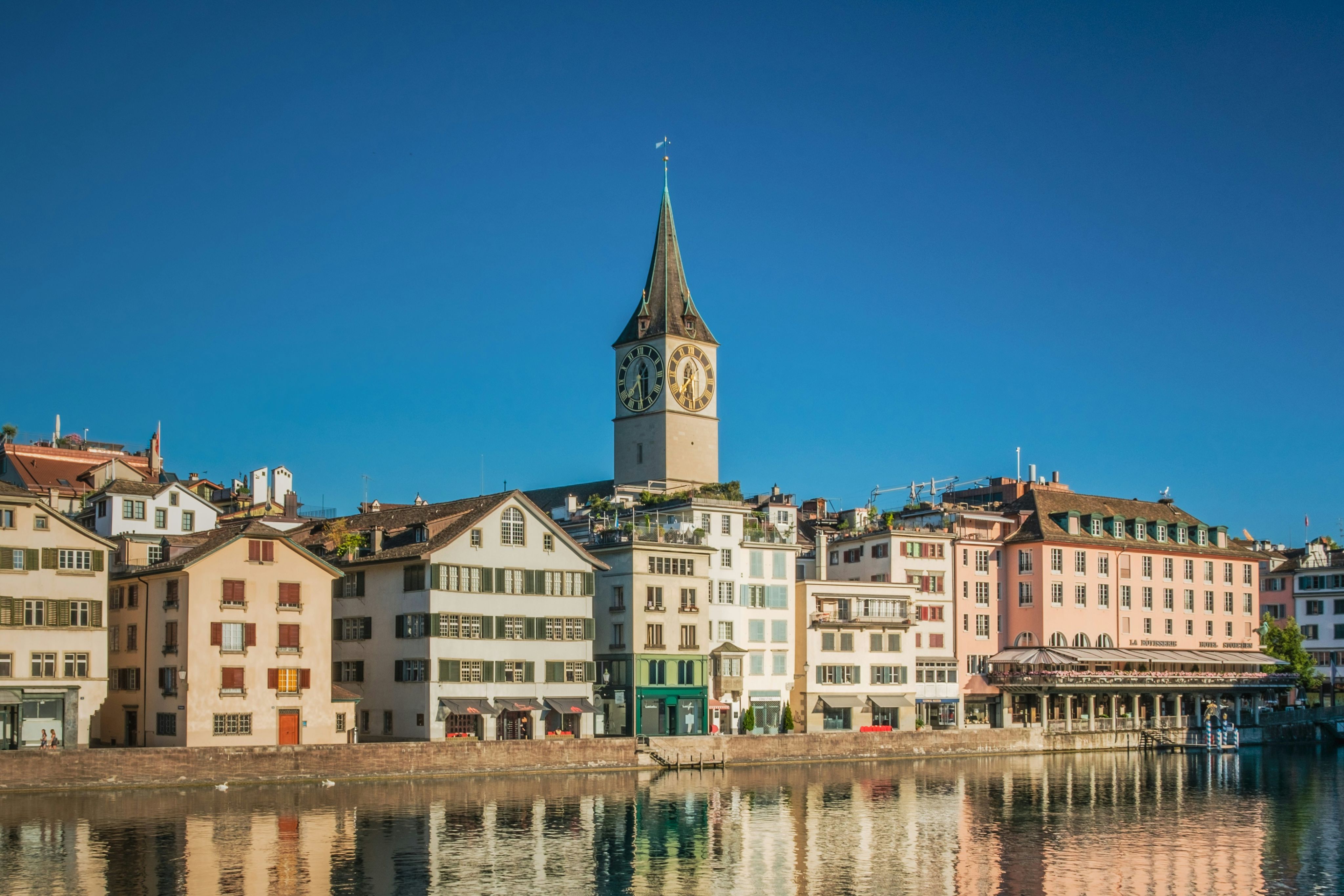 Zurich, switzerland, skyline reflecting in the water.